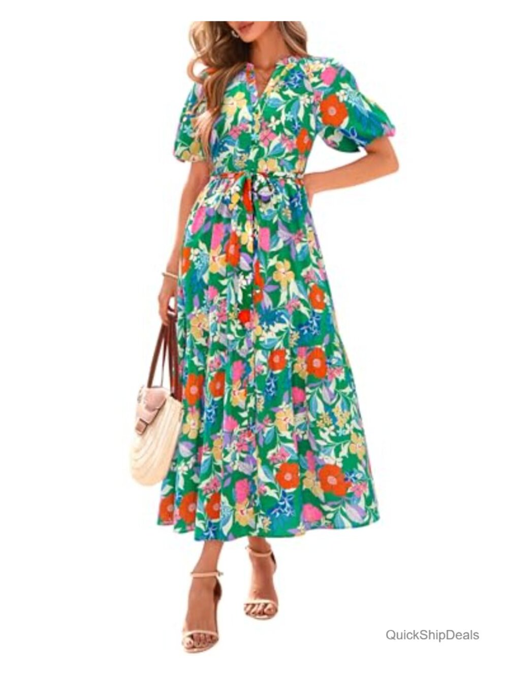 Boho Maxi Dress Short Sleeve V Neck Button Belt Flowy Beach Vacation